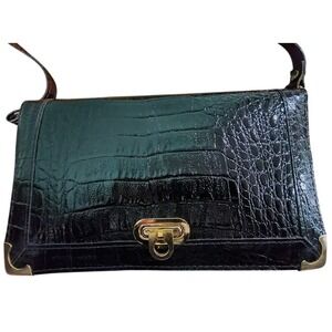 Vintage Black Genuine Leather Crocodile Embossed Shoulder Bag‎ Made in Italy